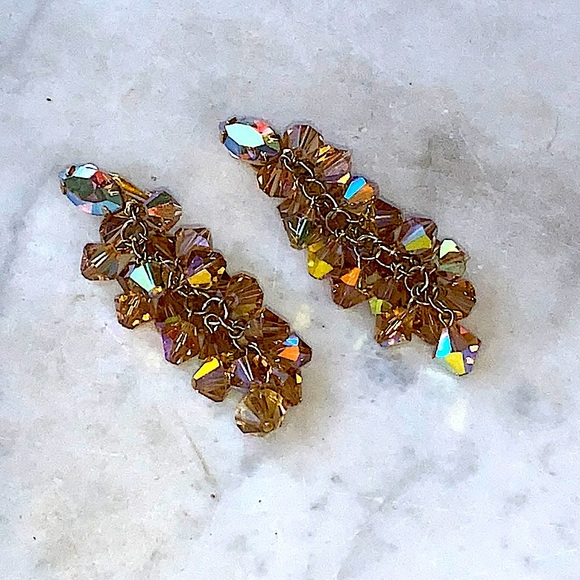 LEWIS SEGAL OF CALIFORNIA EARRINGS CLIP DANGLE GOLD AURORA BOREALIS VINTAGE - Picture 5 of 11